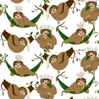 Boho tarzında Kızılderili unsurları olan şirin bir tembel hayvan. Bebek tekstil ürünleri, parmak izleri, İskandinav tarzı parti davetiyeleri. Vektör illüstrasyonu beyaz arkaplanda izole edildi