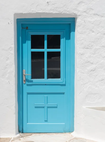 Blue greek church door — Stock Photo, Image