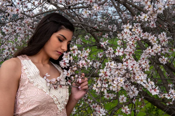 Attractive young beautiful lady, dressed in pink clothing, smelling the plum blossom flowers. Concept of welcoming Spring