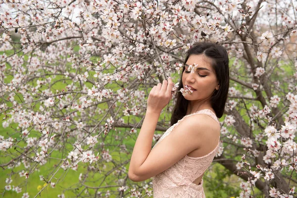 魅力的な若い美しい女性は ピンクの服を着て 梅の花を楽しんでいます 春を迎えるというコンセプト — ストック写真