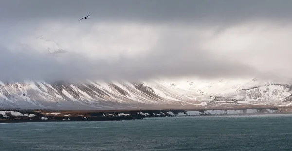 Snowy górski krajobraz zachmurzony i Atlantycki ocean na półwyspie Snaefellsnes wiosną na Islandii — Zdjęcie stockowe