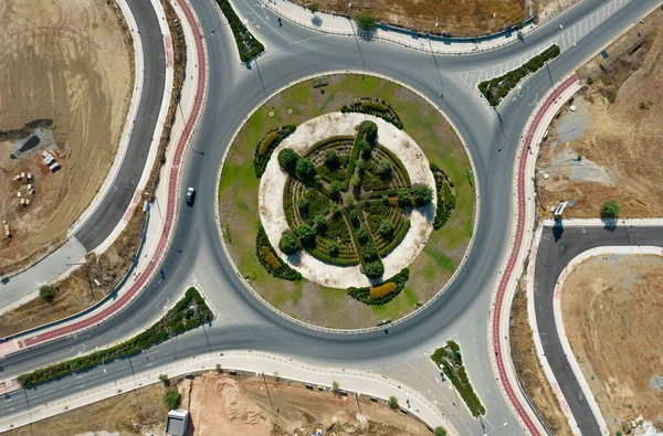 Aerial drone view of a modern designed roundabout. Road transportation Nicosia Cyprus — Stock Photo, Image