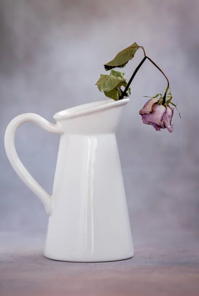 Trockene welke Rosenblüten auf einer weißen Vase und Vintage-Hintergrund — Stockfoto