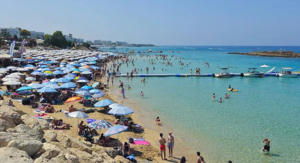 PROTARAS, CYPRUS, 8 Haziran 2025: İncir Ağacı 'nın ünlü sahil sahilinde turistler, Kıbrıs' taki Protaras tatil beldesinde tatil yapıyorlar. Sandy egzotik plajı