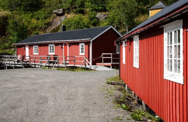 Arka planda yeşil tepeler bulunan çakıllı zeminde duran kırmızı ahşap rorbu kulübeleri Norveç kıyı mimarisini gösteriyor.