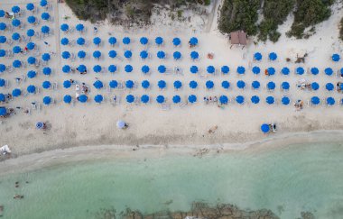 Sandy plajının mavi şemsiyeli ve güneşli hava aracı görüntüsü. Turistler turkuaz deniz suyunda dinleniyor ve yüzüyorlar. Landa Plajı Ayia Napa Kıbrıs