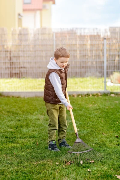 Küçük çocuk bahçede yardım. 