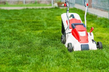 Çim biçme makinesi yeşil çimleri kesiyor. 