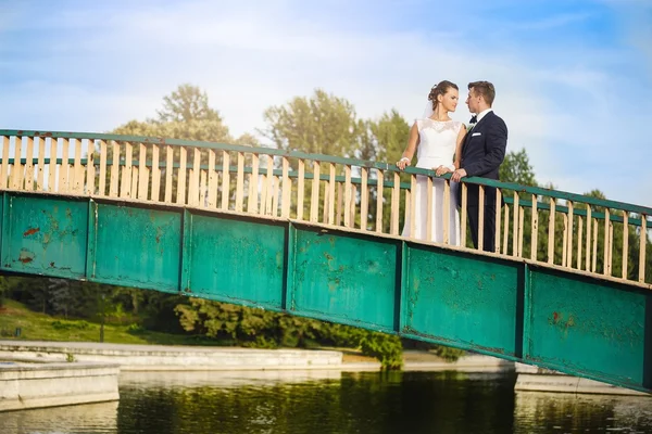 Glückliche Frischvermählte auf der Brücke im Park — Stockfoto