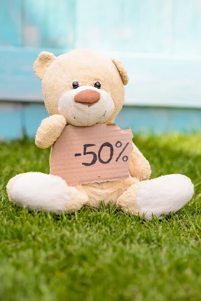 Urso de pelúcia segurando papelão com informações 50% — Fotografia de Stock