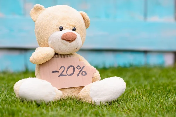 Urso de pelúcia segurando papelão com informação 20% — Fotografia de Stock