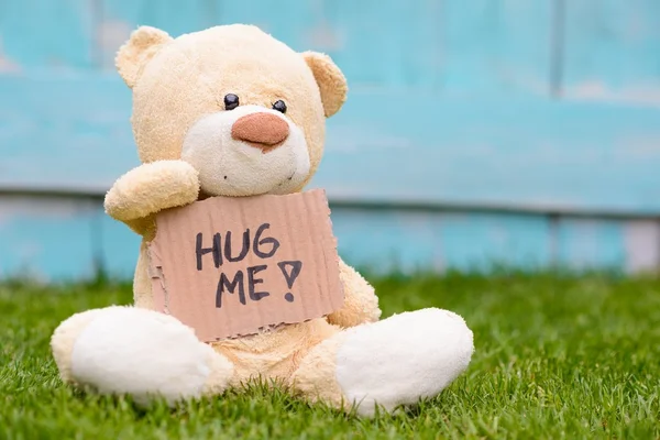 Nallebjörn håller kartong med information kram mig — Stockfoto