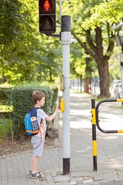 Kis 7 éves iskolás egy gombnyomásra a közlekedési lámpák — Stock Fotó