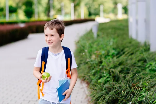 Boldog 7 éves kisfiú az első nap az iskolában — Stock Fotó