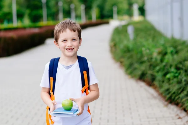 Pequeño niño de 7 años con libros y manzana —  Fotos de Stock