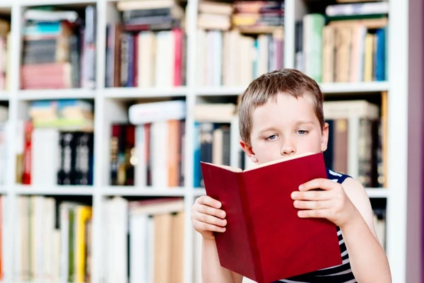 Menino de sete anos lendo um livro na biblioteca . — Fotografia de Stock