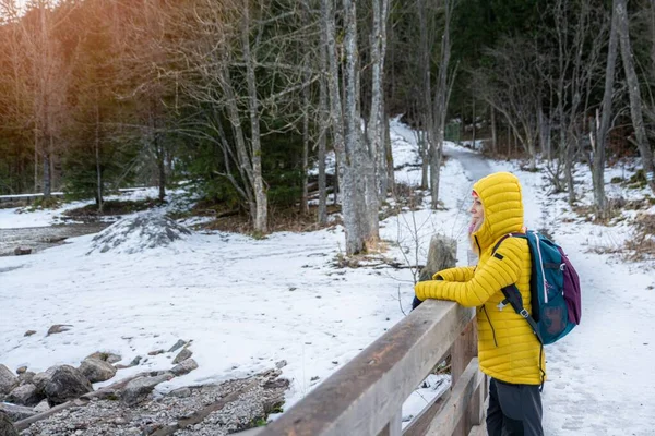 Donna escursionista con il suo zaino e piumino giallastro si erge sul sentiero di montagna ammira una splendida vista. — Foto Stock