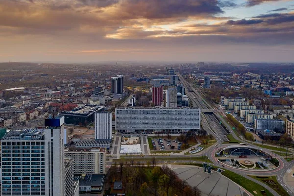 Αεροφωτογραφία drone στο κέντρο της πόλης Katowice. Royalty Free Φωτογραφίες Αρχείου
