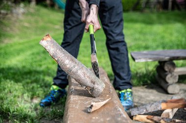 Oduncu ellerindeki balta ağaç gövdelerini kesiyor ya da kesiyor. .