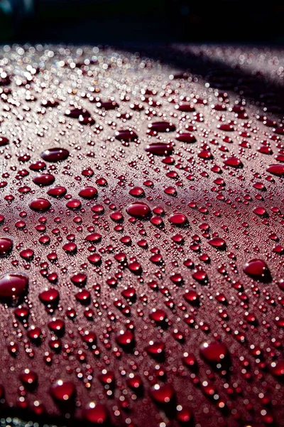 Hydrophobe Wasserwirkung auf rotem Autolack nach Regen. — Stockfoto