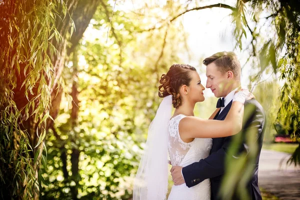 Noiva elegante e noivo posando juntos ao ar livre em um dia de casamento — Fotografia de Stock