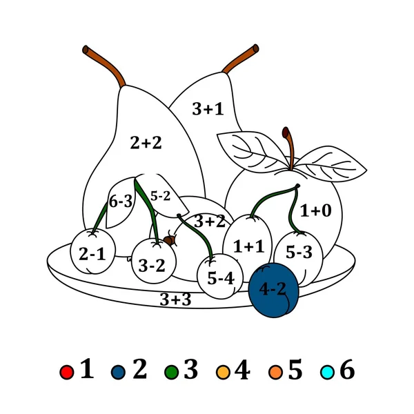 Calcule los ejemplos y rellene los colores dependiendo del resultado - frutas —  Fotos de Stock