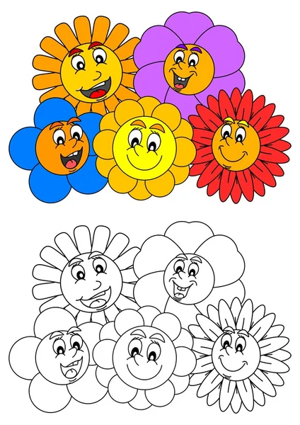 Smiling colorful flowers such as coloring books for little kids — Stock Photo, Image