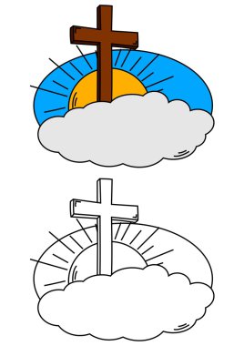 Cross on a cloud and the sun as a coloring for kids clipart