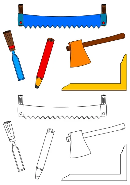 Saw, ax, chisel, square and pencil as a coloring book for kids — Zdjęcie stockowe