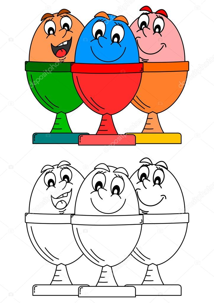 Smiling eggs in dishes such as coloring books for kids