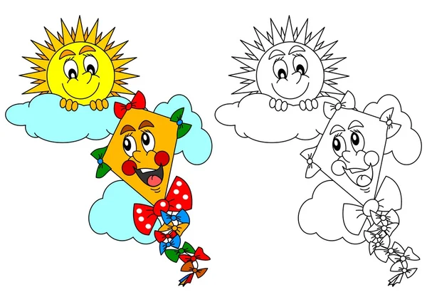 Sole sorridente e aquilone come colorante per bambini - illustrazione — Foto Stock