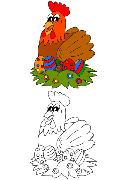 Gallinas con huevos de Pascua coloreados como un colorante para niños pequeños - vector — Vector de stock