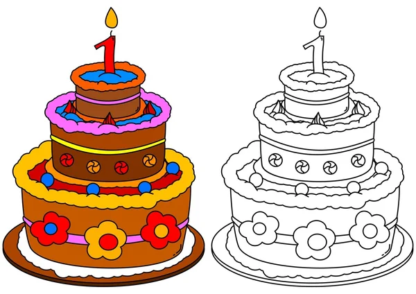Colored cake with a candle as a coloring for little kids — Stock Vector