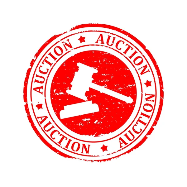 Uszkodzony okrągły czerwony znaczek z napisem młotkiem - aukcja — Wektor stockowy