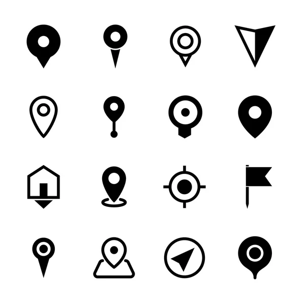 Mapa de ubicación iconos, conjunto de 16 punteros símbolos — Vector de stock