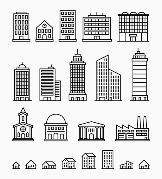 Icônes de bâtiment de ligne, ensemble de bâtiments de contour — Image vectorielle