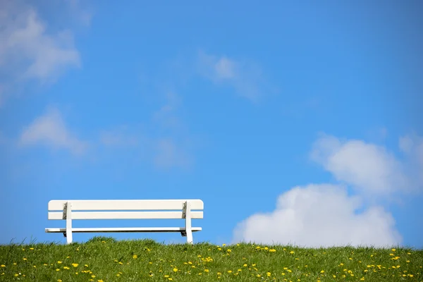 Empty bench on green dike — Stock Photo, Image