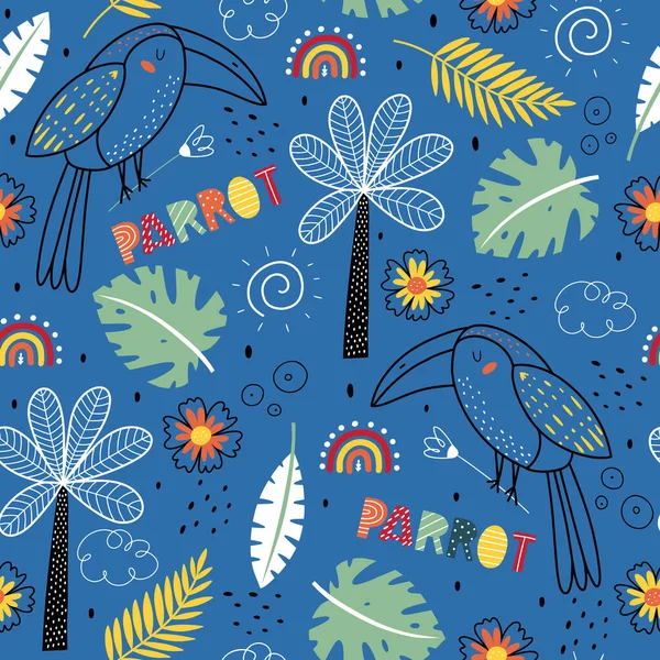 Seamless pattern with tiger and palm trees. Animals of Africa, elements of flora and fauna. Fairy Tale kid textile, wrapping paper, background. Kids animal characters. 