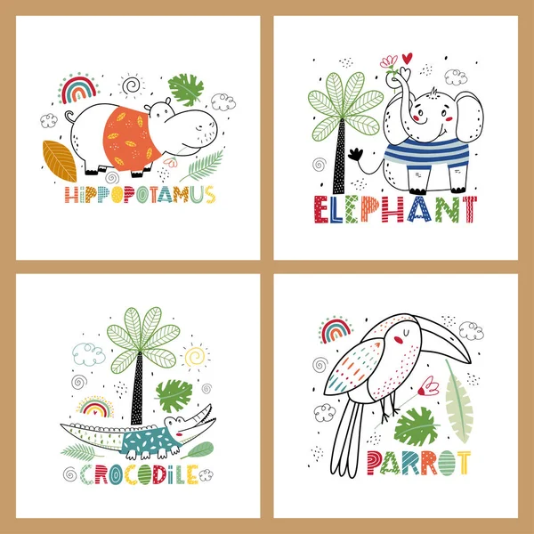 Safari animals illustration. Animals Africa, flora and fauna elements.  Modern baby print, poster, banner, sticker.