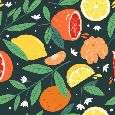 Limonlar, portakallar ve mandalinalarla kusursuz desen. Soyut sanat baskısı. Kağıt, kapak, kart, kumaş, iç malzemeler ve diğer kullanıcılar için modern tasarım. Vektör illüstrasyonu.