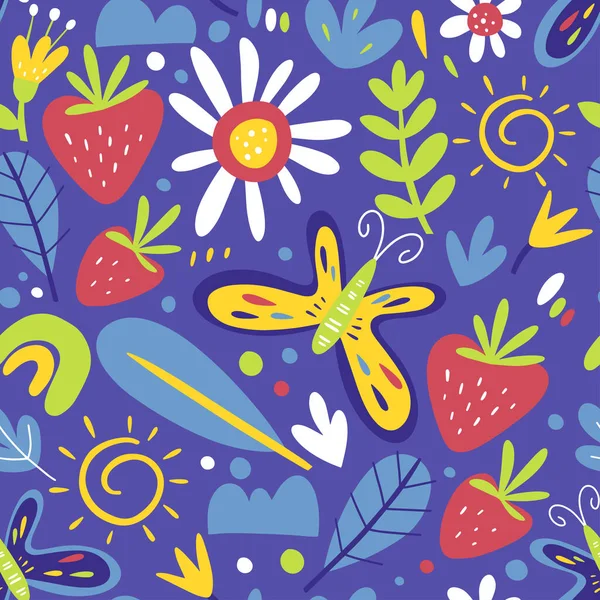花や蝶とシームレスな幼稚なパターン はがき ポスター 保育園 グリーティングカード バナー 本のイラストのための創造的なテンプレート ベクトル漫画イラスト — ストックベクタ