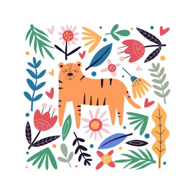 Tatlı kaplan düz vektör çizimi. Şirin çiçekleri ve yaprakları olan komik bir kaplan. Çocuksu gömlek baskısı tasarımı.