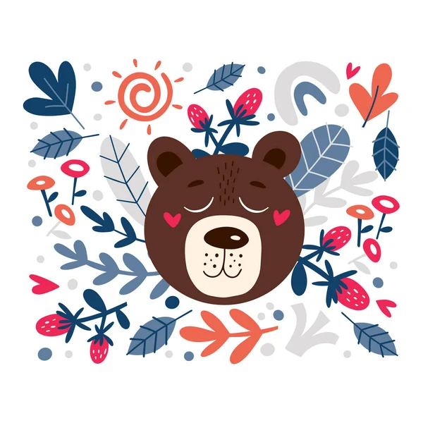 Lindo Oso Ilustración Vector Plano Divertido Oso Con Flores Bayas — Vector de stock