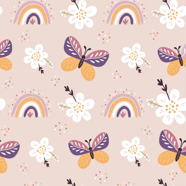 Seamless pattern with butterflies, rainbows and flowers. Blooming Flowers, Floral paper, Spring Scrapbook. Vector illustration.