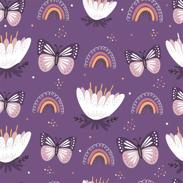 Butterflies and Rainbows. Floral seamless pattern. Blooming Flowers, Floral paper, Spring Scrapbook. Vector seamless background.