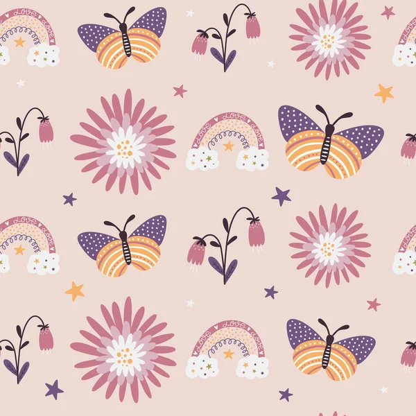 Patrón Sin Costura Floral Con Mariposas Arcoíris Flores Elementos Dibujados — Vector de stock