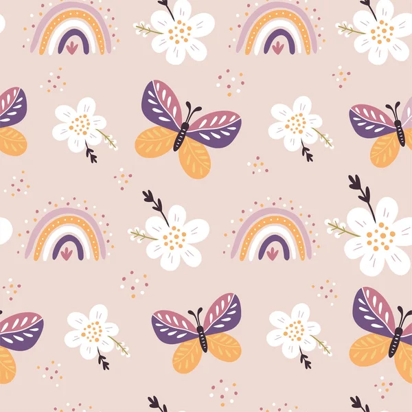 Nahtloses Muster Mit Schmetterlingen Regenbogen Und Blumen Blühende Blumen Blumenpapier — Stockvektor