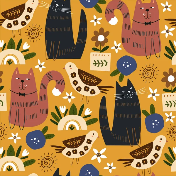 Naadloos Patroon Met Schattige Katten Vogels Vector Hand Getekend Illustratie — Stockvector