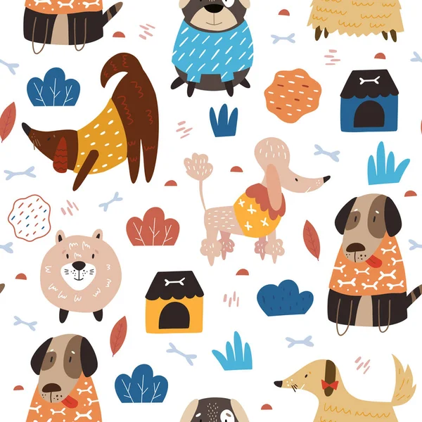 Seamless Pattern Cute Dogs Creative Kids Hand Drawn Texture Fabric — Stock Vector