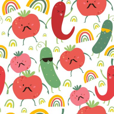 Komik sebzelerle kusursuz desen. Modern tekstil, tebrik kartı, poster, ambalaj kağıdı tasarımları. Vektör illüstrasyonu. 